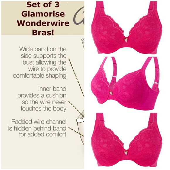 Set of 3! 36D Wonderwire PINK Lace Bra (Side-Smoothing) MAX-COMFORT Fuchsia NEW - Picture 1 of 15